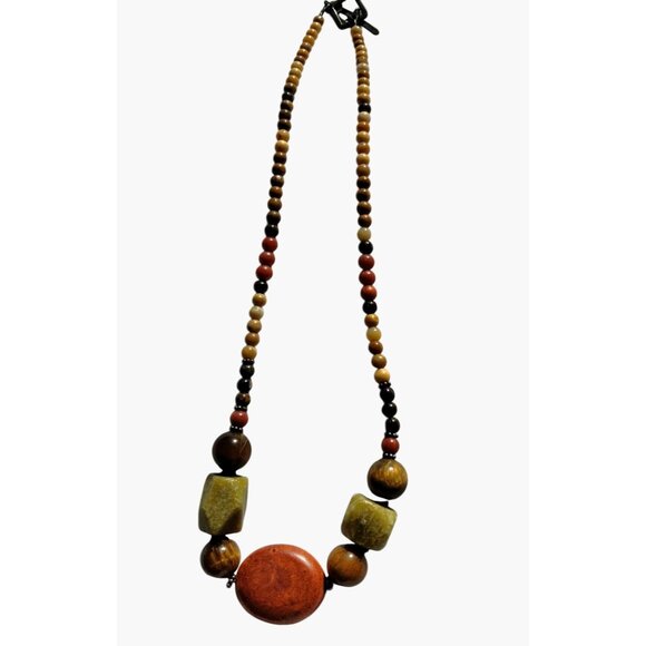 Earth Tone Necklace Toggle Clasp Natural Stone Beads Rustic Elegance 17 inch - Picture 2 of 6